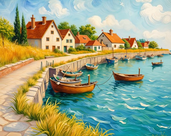 Charming Cottages and Boats in a Coastal Scene