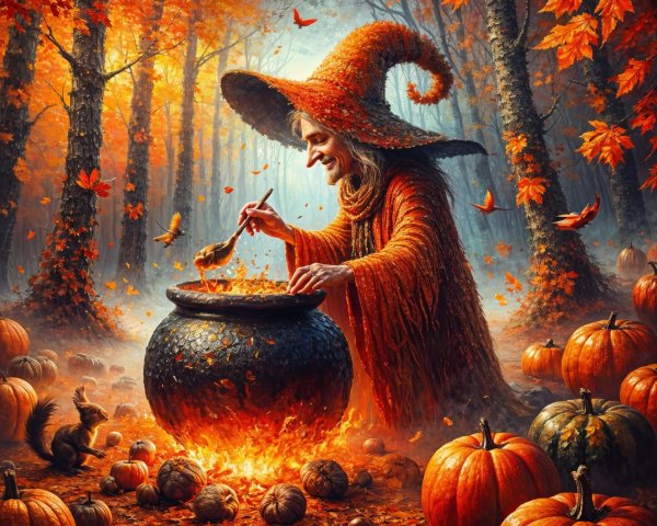 Whimsical Witch in Autumn Forest with Cauldron