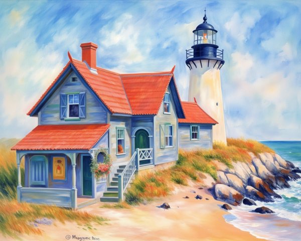 Coastal Scene with Blue House and Classic Lighthouse