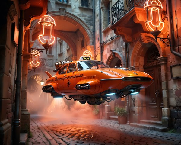 Futuristic Orange Taxi in Cobblestone Alley Setting