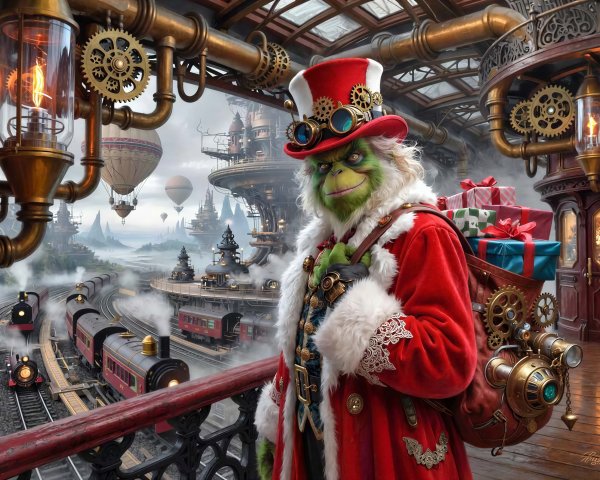 Steampunk Grinch in Santa Suit at Train Station Platform