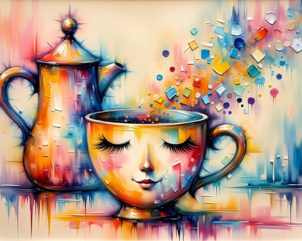 Artistic Teapot and Cup with Colorful Abstraction