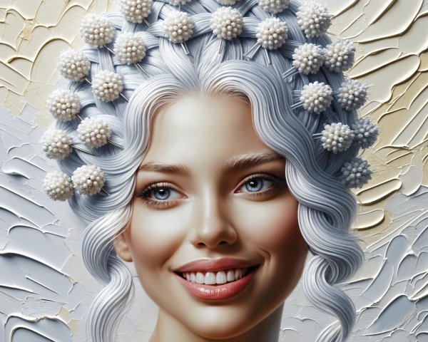 Portrait of a woman with icy blue hair and pearls