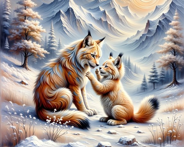 Fox and Cub in Serene Winter Landscape with Mountains