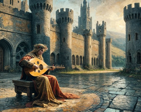 Medieval Musician in Ornate Gown Amidst Castle Walls