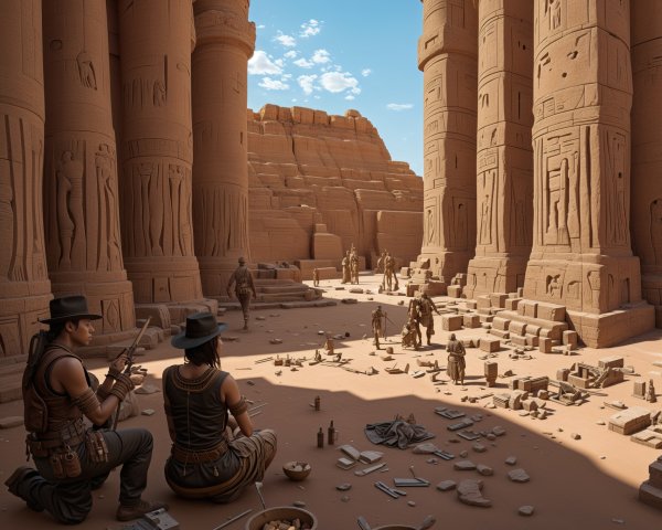 Explorers in Ancient Temple Surrounded by Hieroglyphs