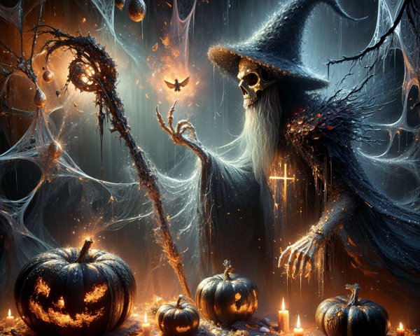 Cloaked Figure in Eerie, Shadowy Setting with Pumpkins