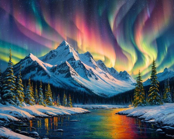 Majestic Winter Landscape with Northern Lights Display