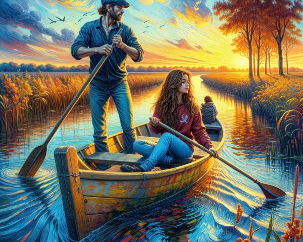 Serene Sunset with Boat and Figures in Tranquil Waters
