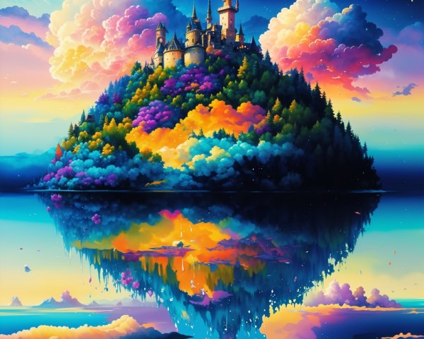 Vibrant Fantastical Landscape with Majestic Castle