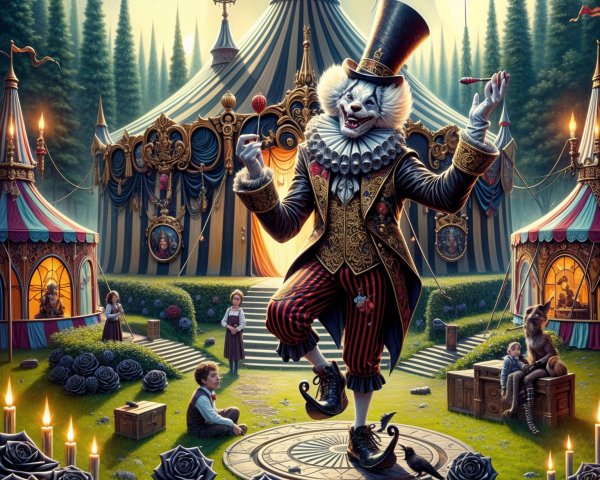 Regal clown juggling in whimsical circus setting