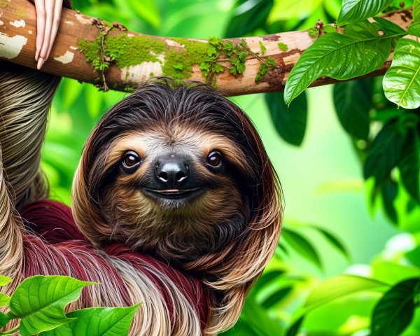 Whimsical Sloth Hanging in Lush Jungle Foliage