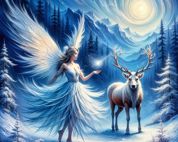 Fairy and Reindeer in Enchanted Winter Landscape