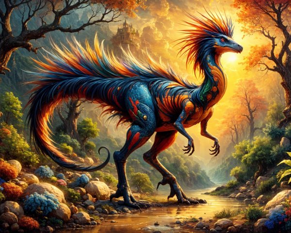 Colorful Dinosaur-like Creature by Shimmering River