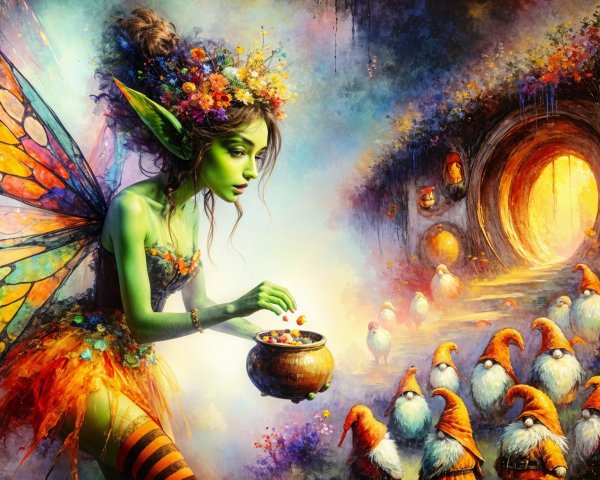 Whimsical Fairy Scene with Gnomes and Magical Tunnel