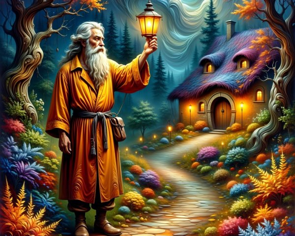 Elderly Man with Lantern in Enchanted Forest Scene