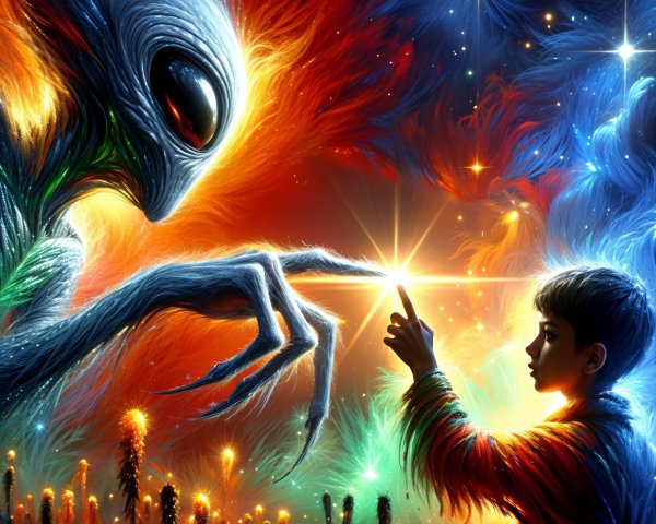 Cosmic Encounter Between Boy and Colorful Alien