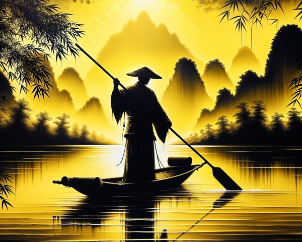 Lone Figure in Traditional Attire on Serene Waters