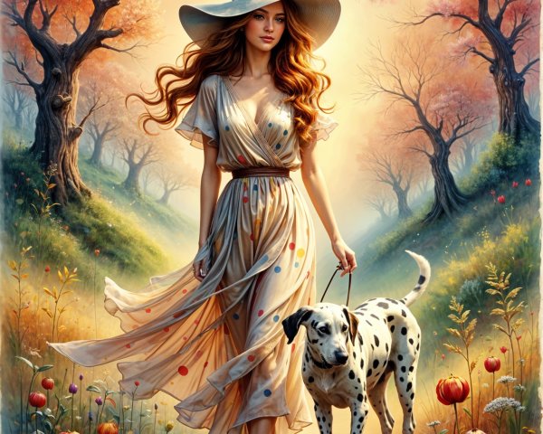 Young Woman in Flowing Dress on Autumn Path with Dog