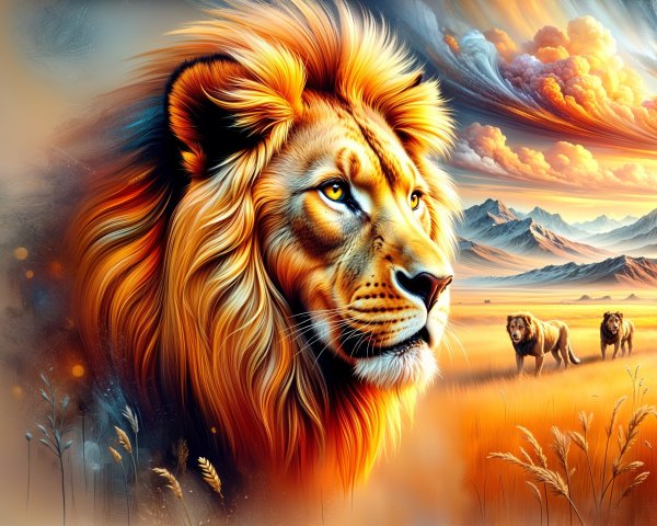 Majestic Lion in Sunset Landscape with Grassy Plains
