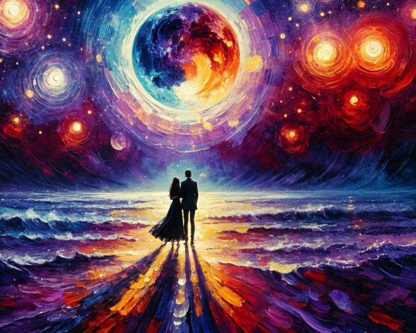 Couple on Reflective Beach Under Cosmic Sky