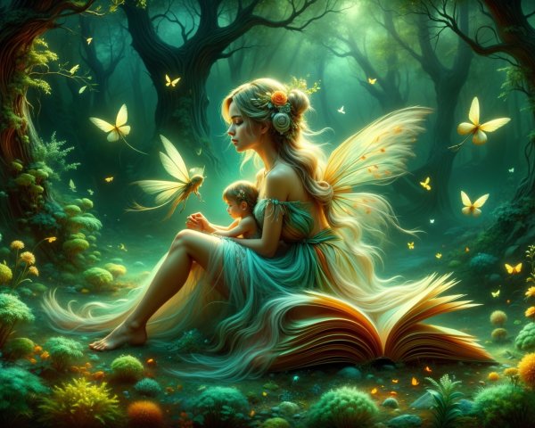 Fairy and Child in a Mystical Glowing Forest Scene