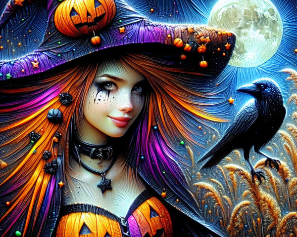 Witch with Orange and Purple Hair in Moonlit Scene