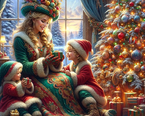 Festive Family Scene by a Decorated Christmas Tree