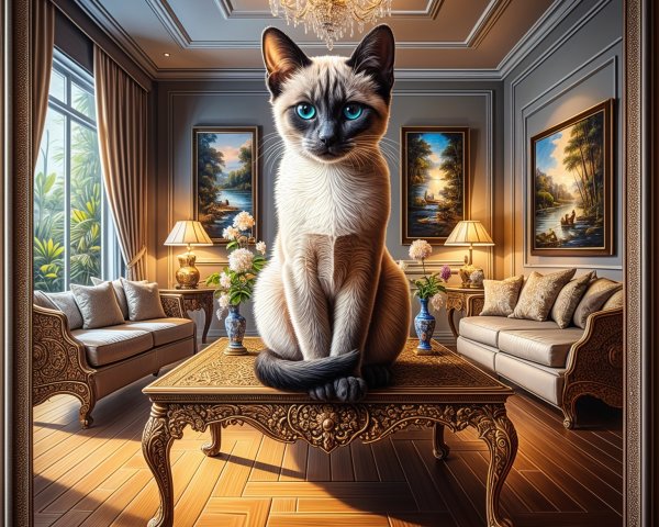 Luxurious Living Room with Siamese Cat and Elegance