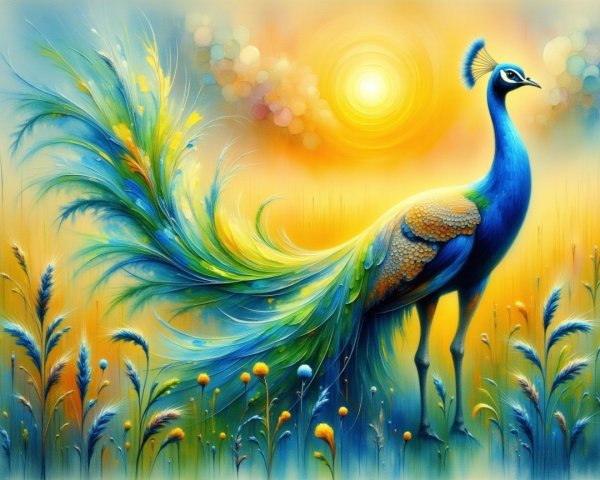 Colorful Peacock in Golden Grasses and Wildflowers