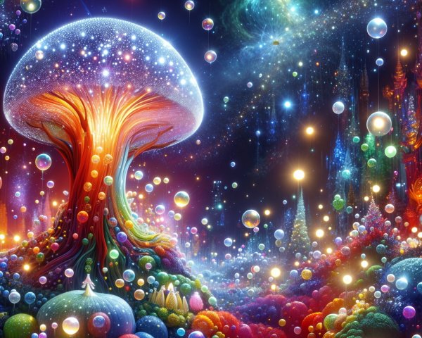 Vibrant Otherworldly Landscape with Glowing Orbs