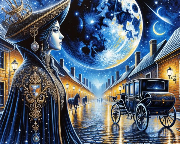 Mystical Night Scene with Woman and Luminous Planet
