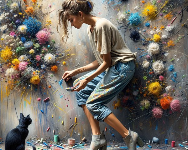 Creative Woman Painting by Colorful Abstract Wall