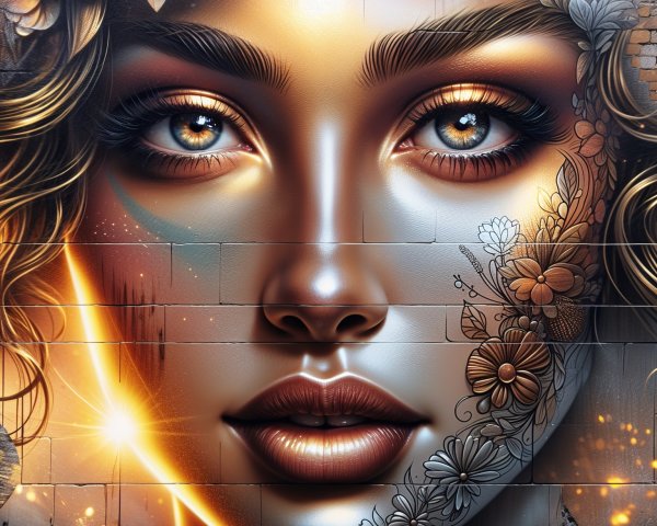 Mural of a woman's face with floral designs and colors