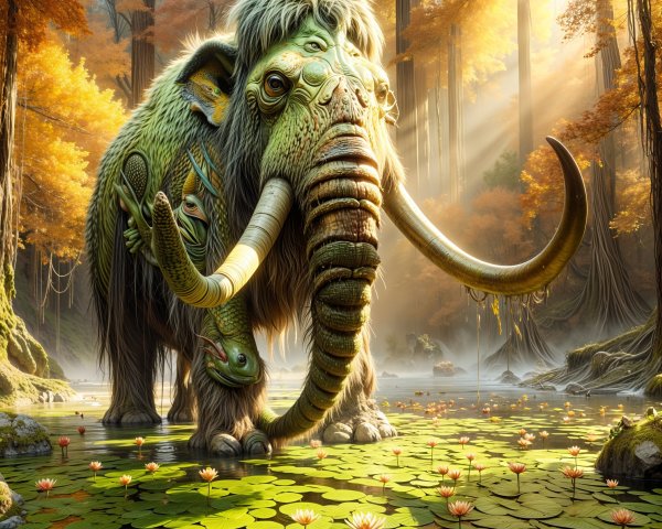 Majestic Mammoth by Tranquil Pond in Vibrant Forest