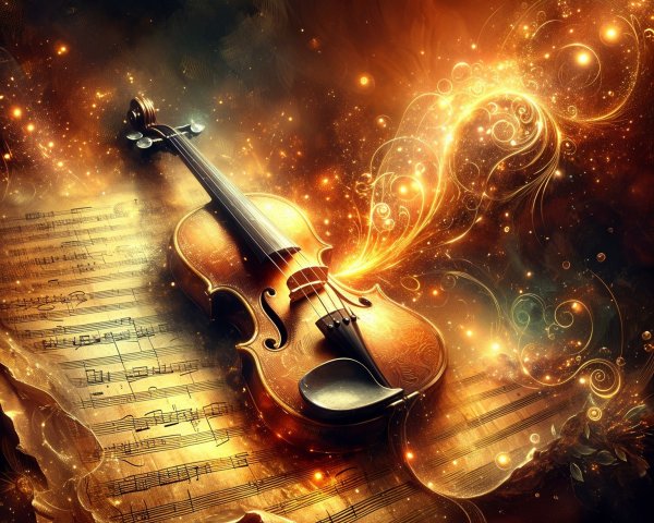 Illuminated Violin on Crumpled Music Sheet with Light