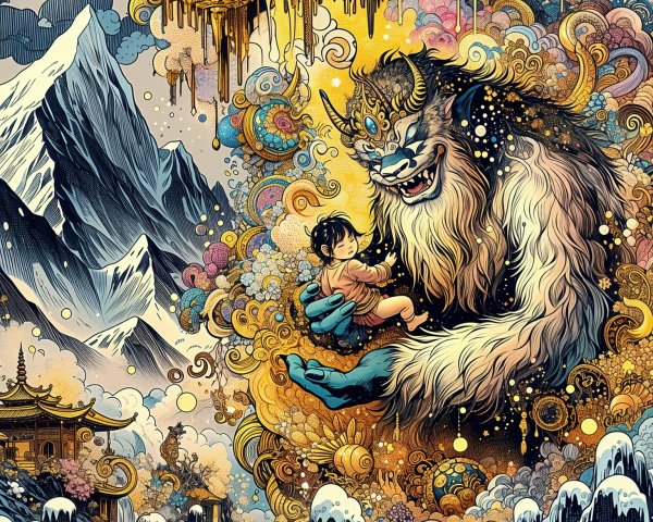 Whimsical Scene of Furry Creature and Child in Fantasy