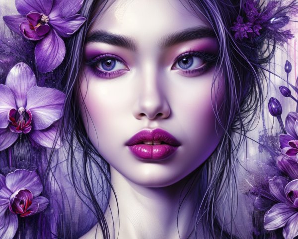 Portrait of a woman with orchids and flowing hair