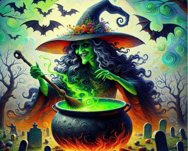 Witch Brewing Potion in Enchanted Spooky Landscape