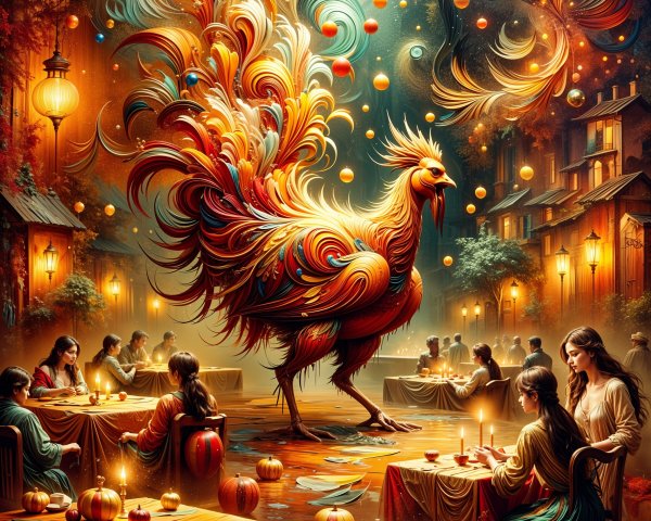 Vibrant Autumn Scene with Rooster and Festive Gatherings