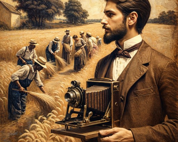 Man in period attire with antique camera in wheat field