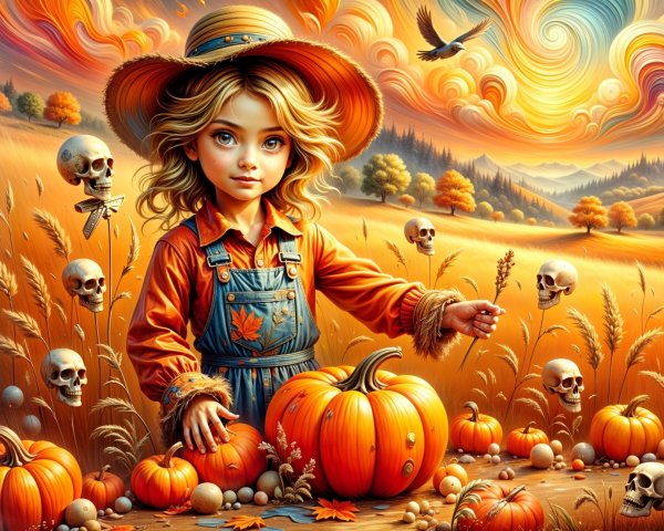 Whimsical Autumn Scene with Girl and Floating Skulls