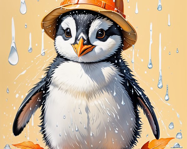 Penguin in Rain with Orange Hat and Autumn Leaves