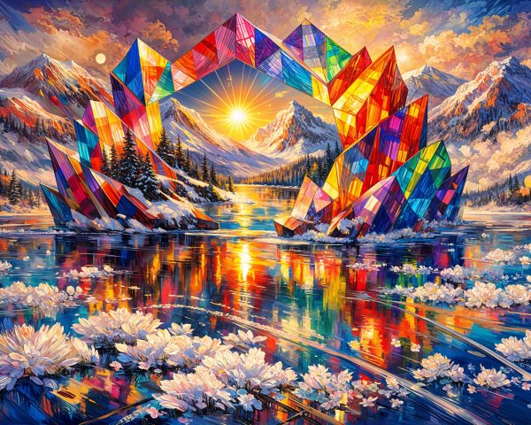 Vibrant Landscape with Crystals and Sunset Reflection