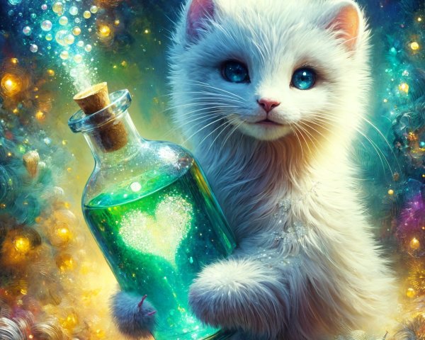 Fluffy White Kitten with Glowing Green Potion