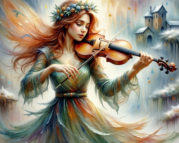 Young Woman Playing Violin in Enchanted Autumn Scene