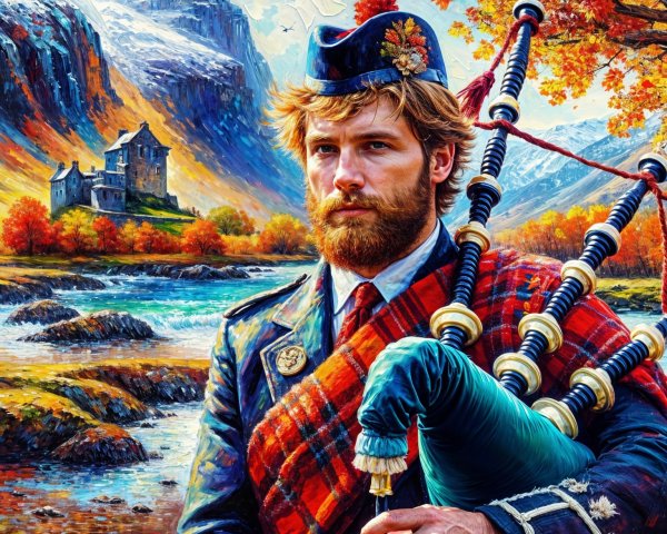 Scottish Figure in Traditional Attire with Scenic Background