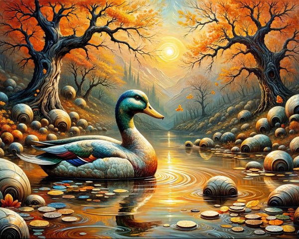 Colorful Duck on Shimmering River in Autumn Scene