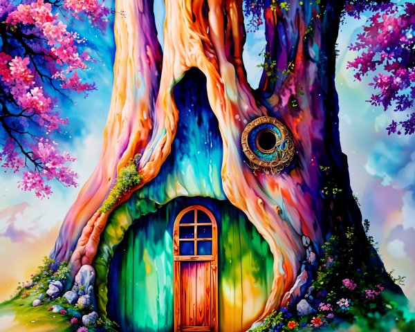 Whimsical Treehouse in a Colorful Fantasy Tree