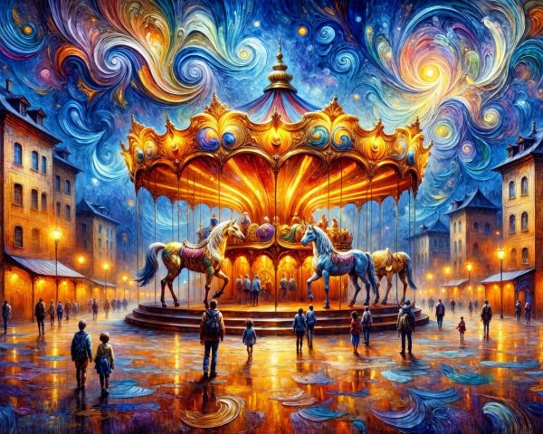 Vibrant Carousel Under Starry Sky with Enchanted Atmosphere